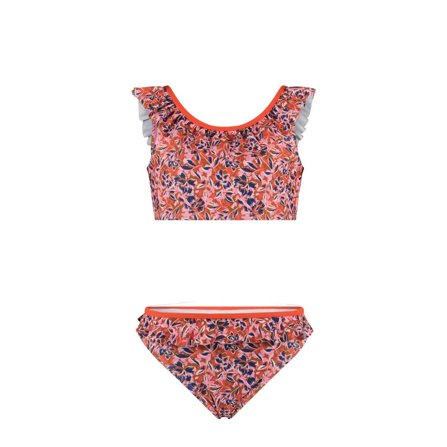 B.Nosy crop bikini met ruches zalmroze Meisjes Polyester All over print 122 128