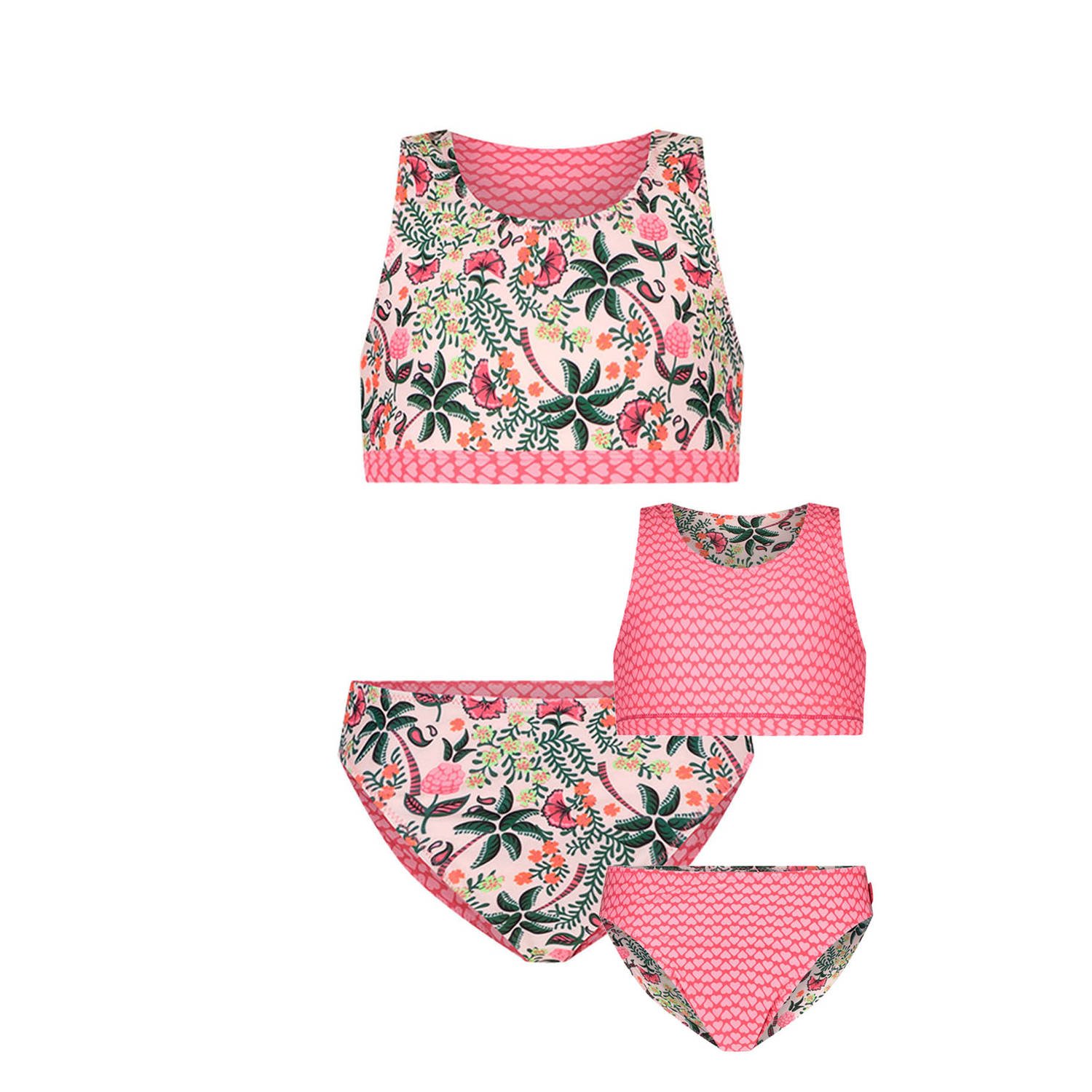 Just Beach reversible crop bikini roze groen Meisjes Polyester Bloemen 152