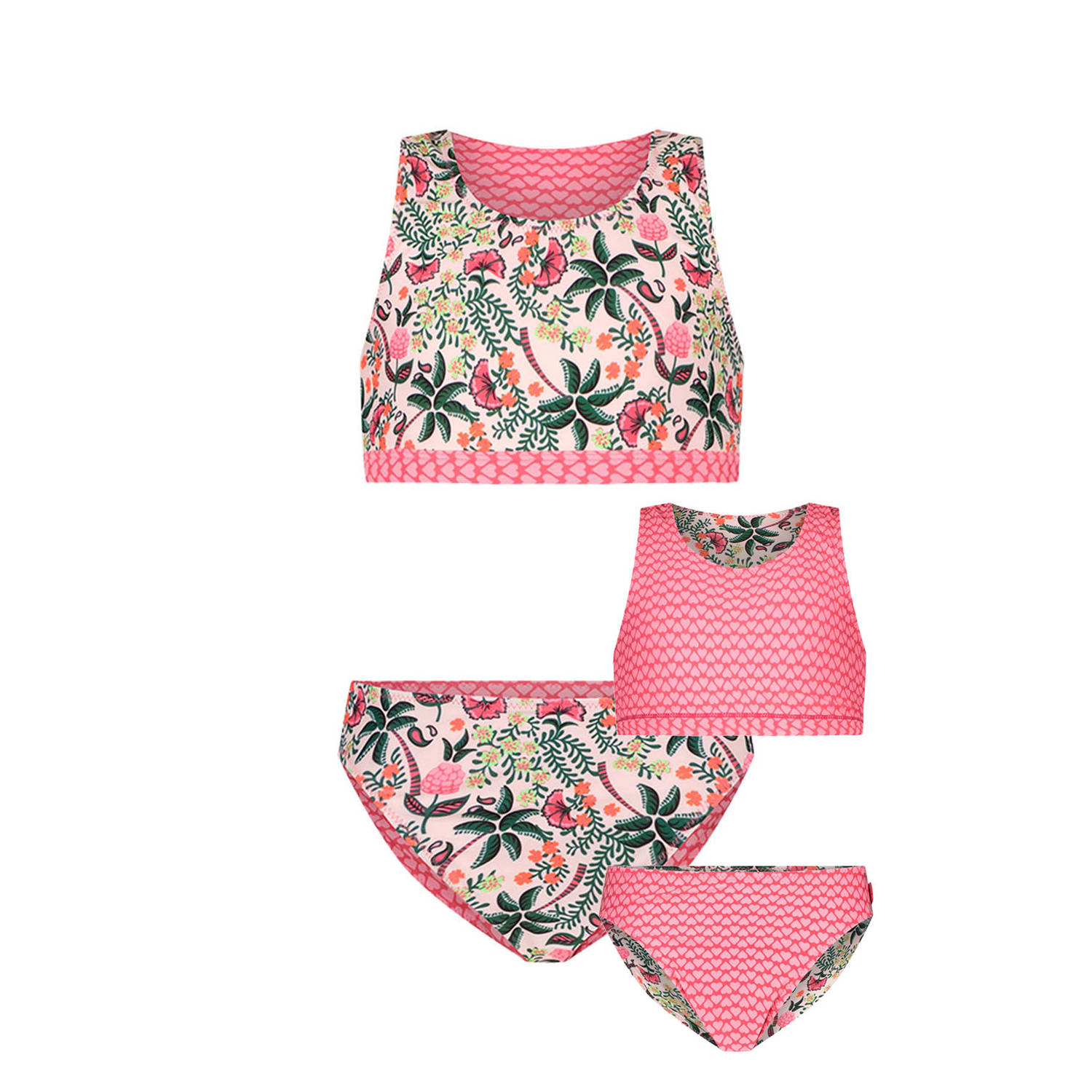 Just Beach reversible crop bikini roze groen Meisjes Polyester Bloemen 146 152