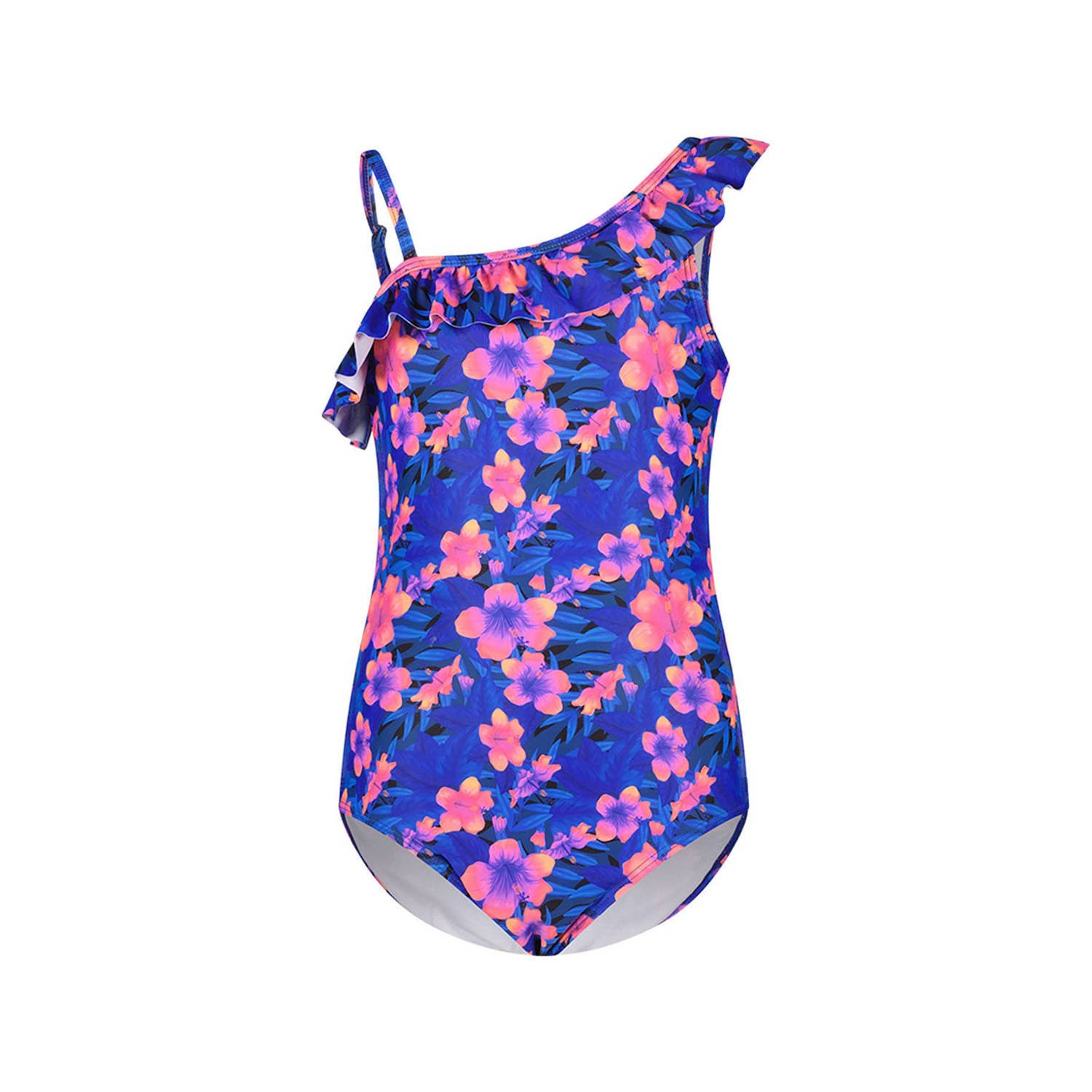 Just Beach badpak met ruches blauw roze Meisjes Gerecycled polyester Bloemen 128