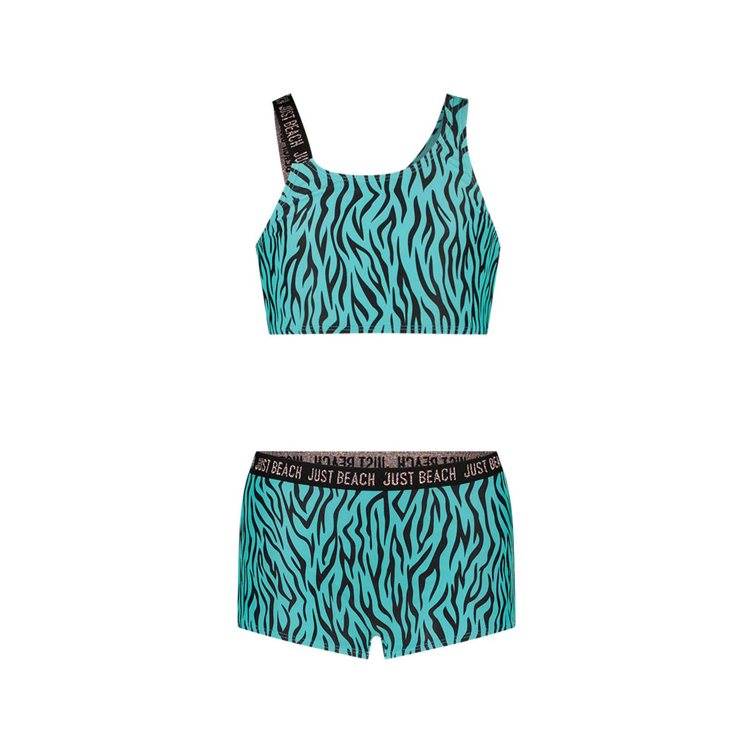 Just Beach crop bikini turquoise zwart Blauw Meisjes Polyester Zebraprint 134 140