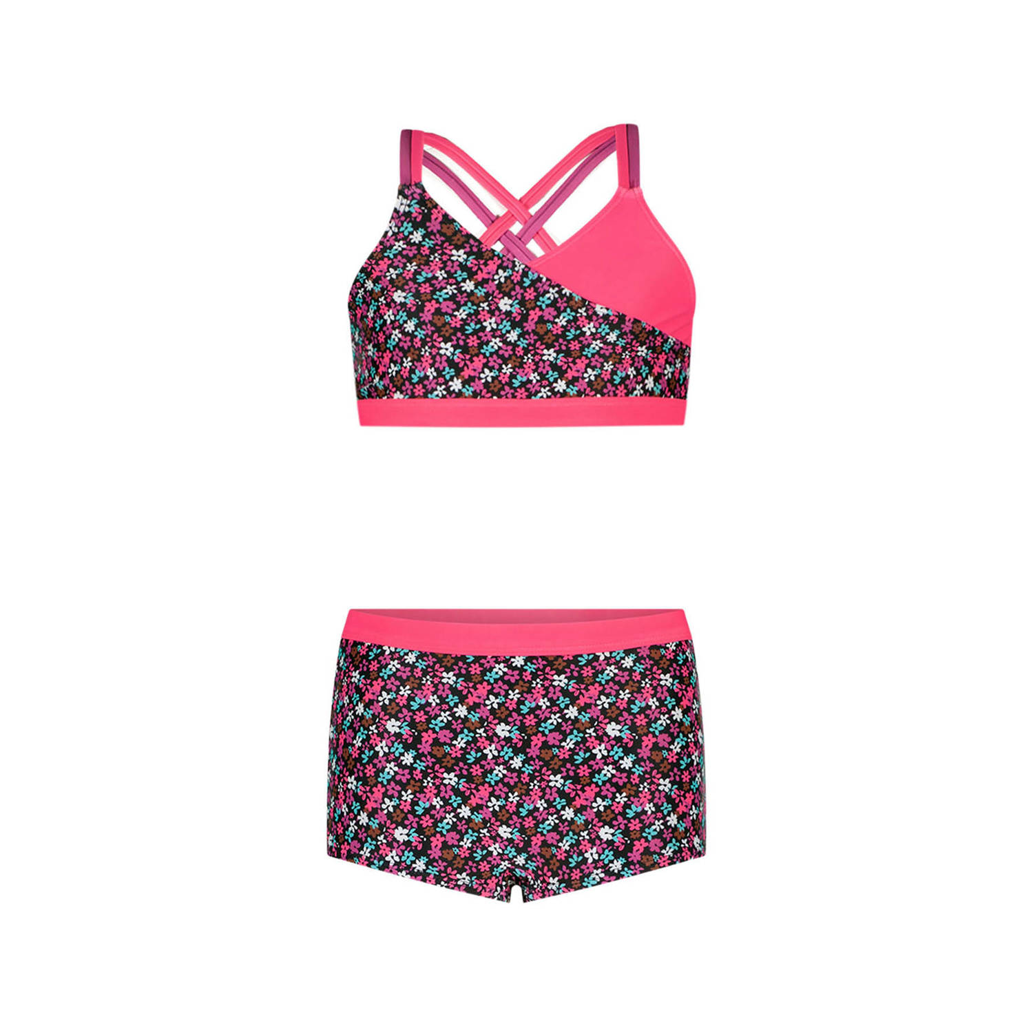 Just Beach crop bikini zwart roze Meisjes Polyester Bloemen 122 128