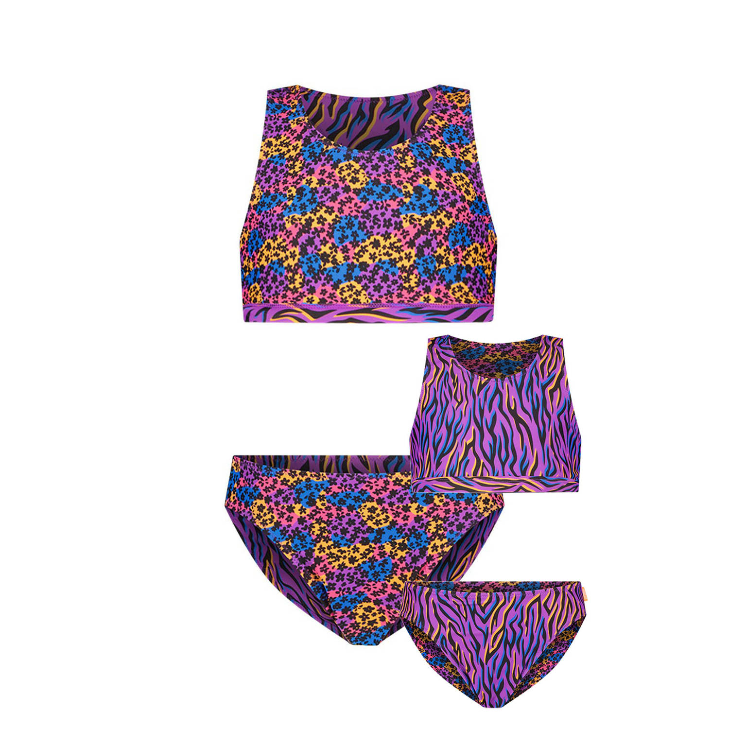Just Beach reversible crop bikini paars blauw zwart Meisjes Polyester Bloemen 122 128