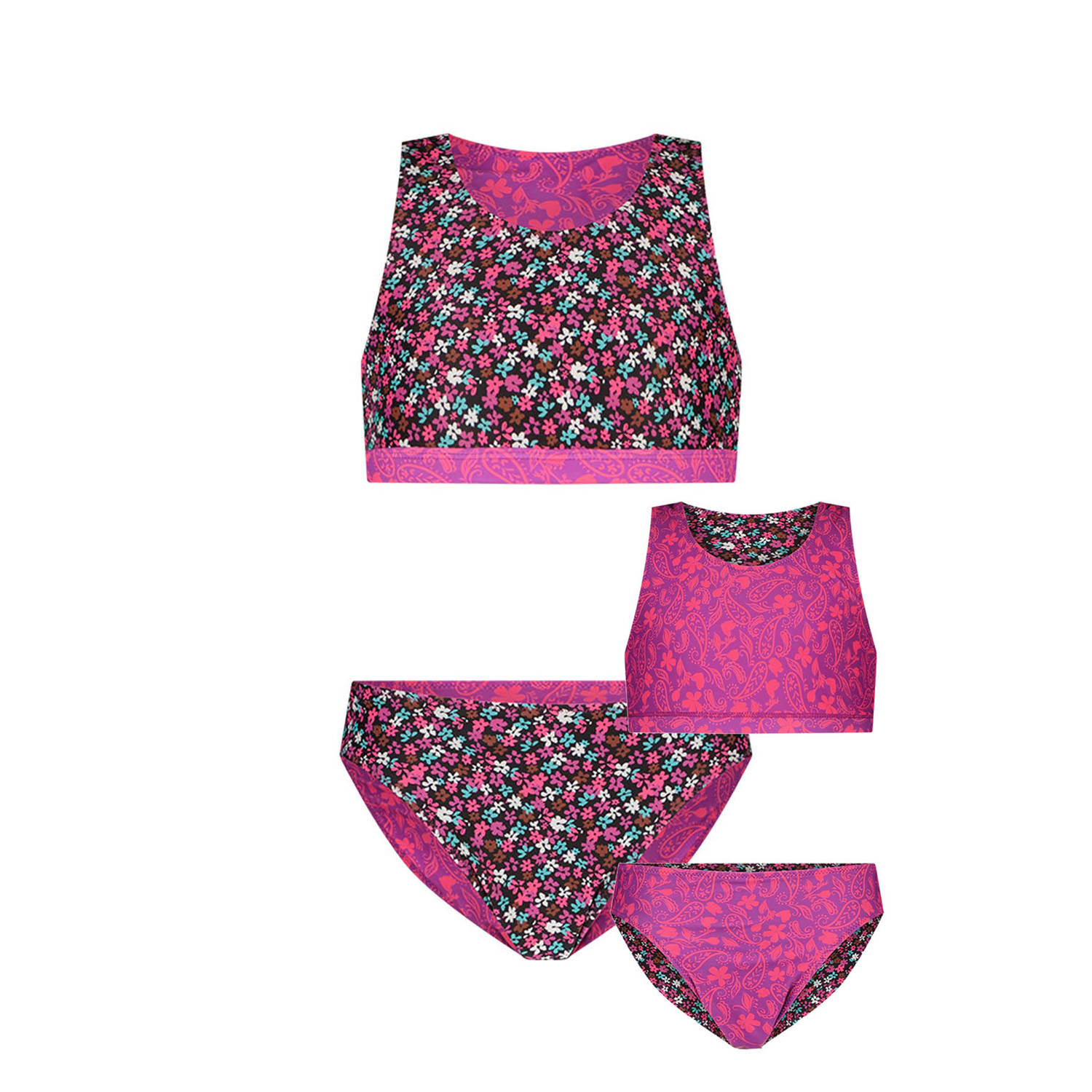 Just Beach reversible crop bikini zwart roze Meisjes Polyester Bloemen 122 128