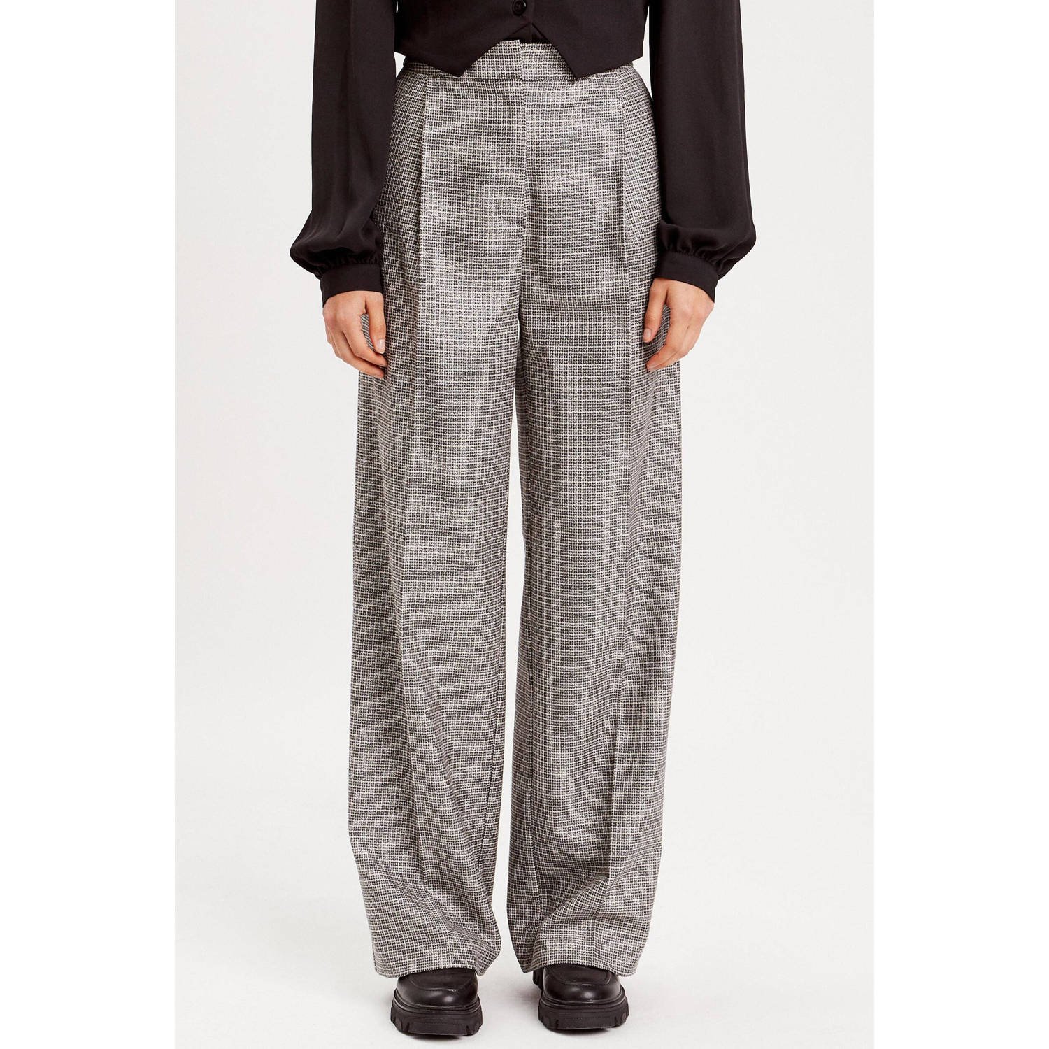 Cache geruite high waist loose fit pantalon grijs zwart