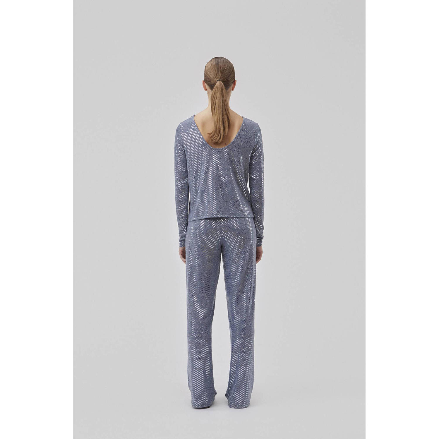Modström high waist straight fit pantalon met pailletten grijsblauw