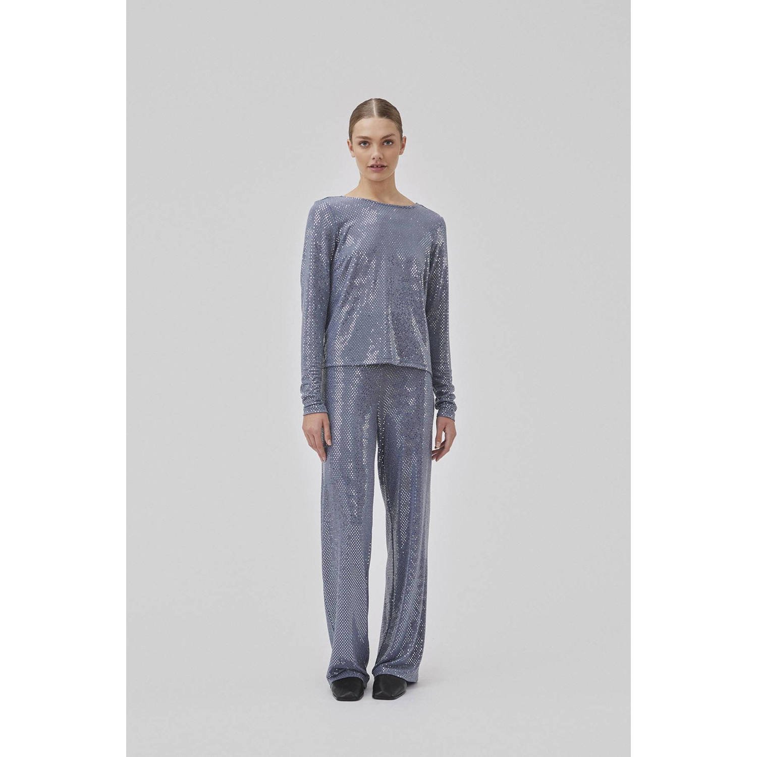 Modström high waist straight fit pantalon met pailletten grijsblauw