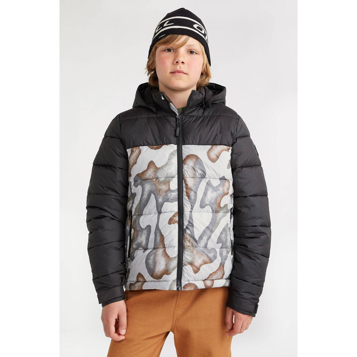 O'Neill gewatteerde winterjas antraciet grijs beige