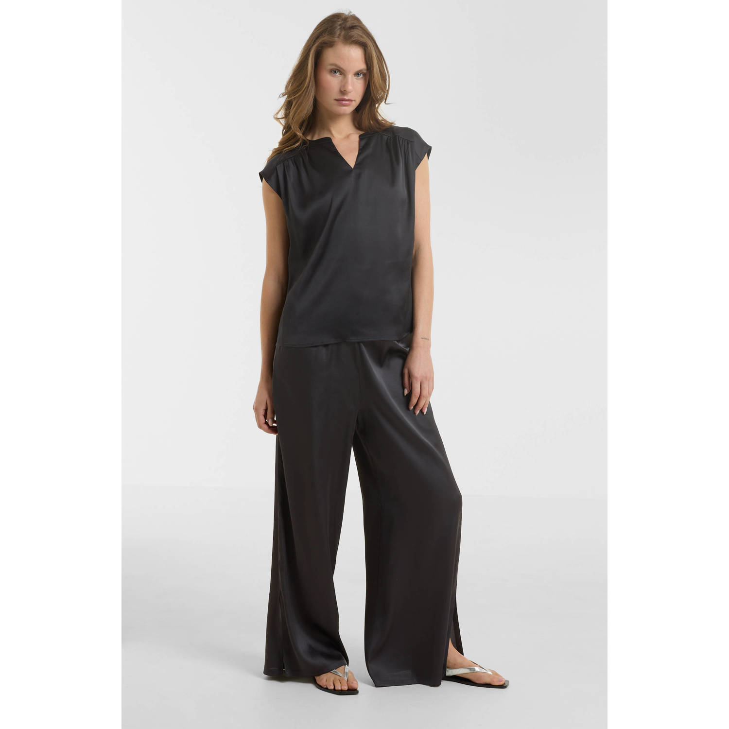 Anytime Satijnen wide leg broek zwart
