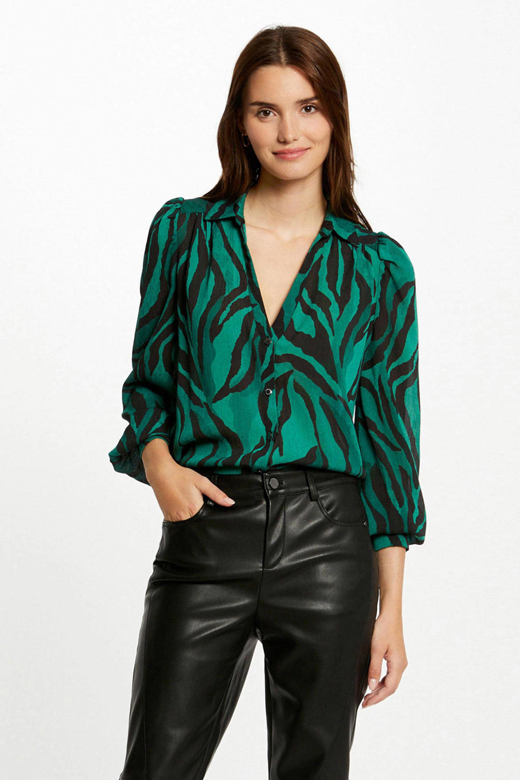 blouse met zebraprint en plooien groen/ zwart wehkamp