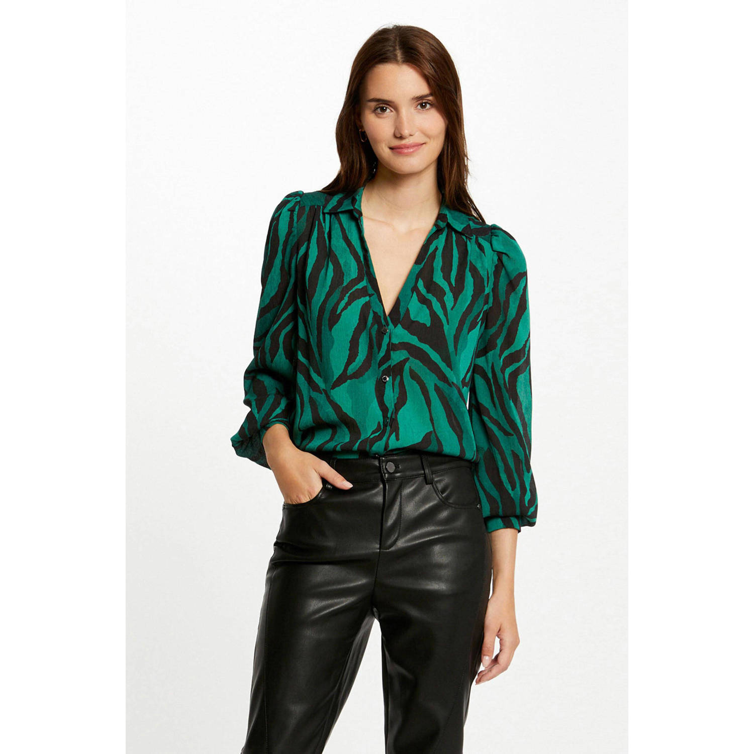 Morgan blouse met zebraprint en plooien groen zwart