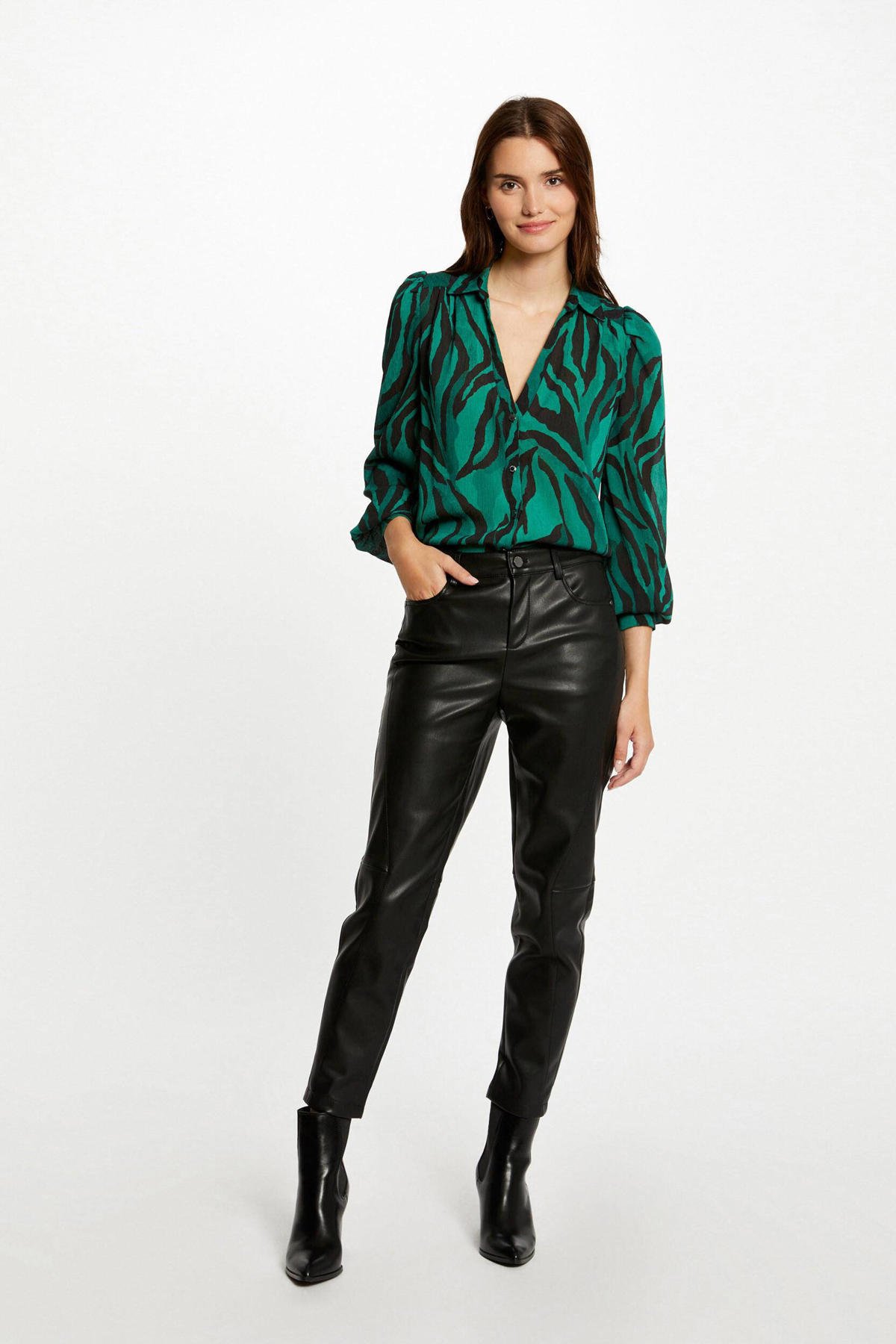 blouse met zebraprint en plooien groen/ zwart wehkamp