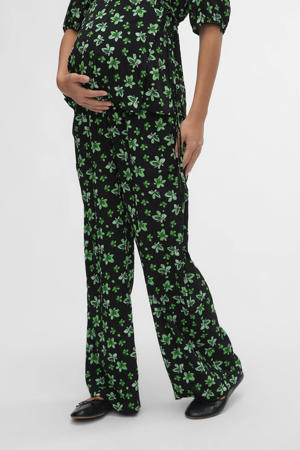 gebloemde loose fit broek MLELLINOR van gerecycled polyester zwart/groen