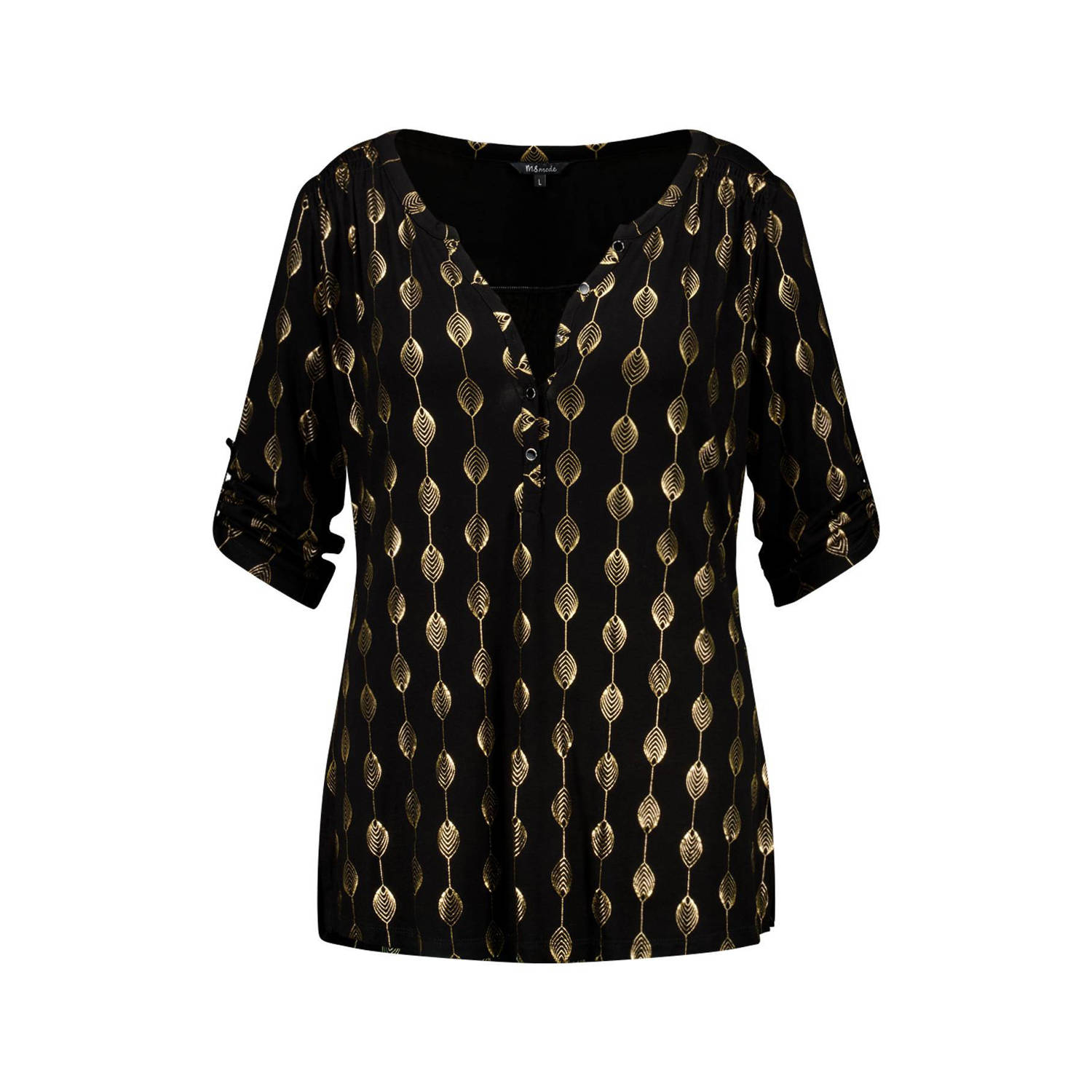 MS Mode metallic blousetop met all over print zwart goud