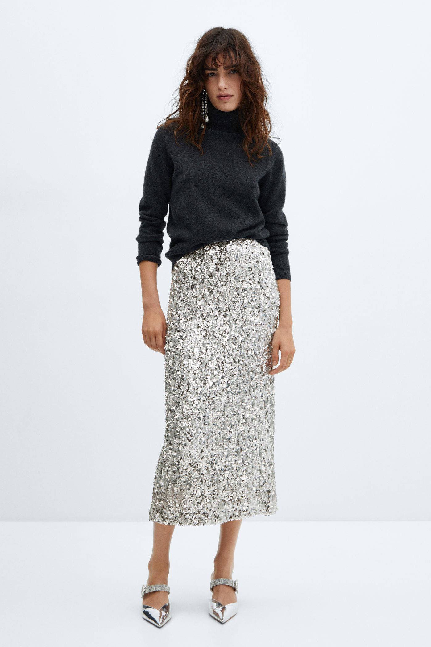 Mango midi rok met pailletten zilver wehkamp