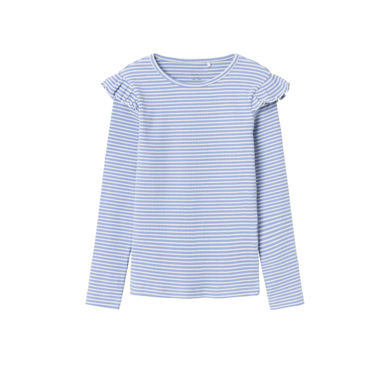 NAME IT KIDS gestreepte ribgebreide trui NKFTESILLA LS SLIM TOP lichtblauw wit