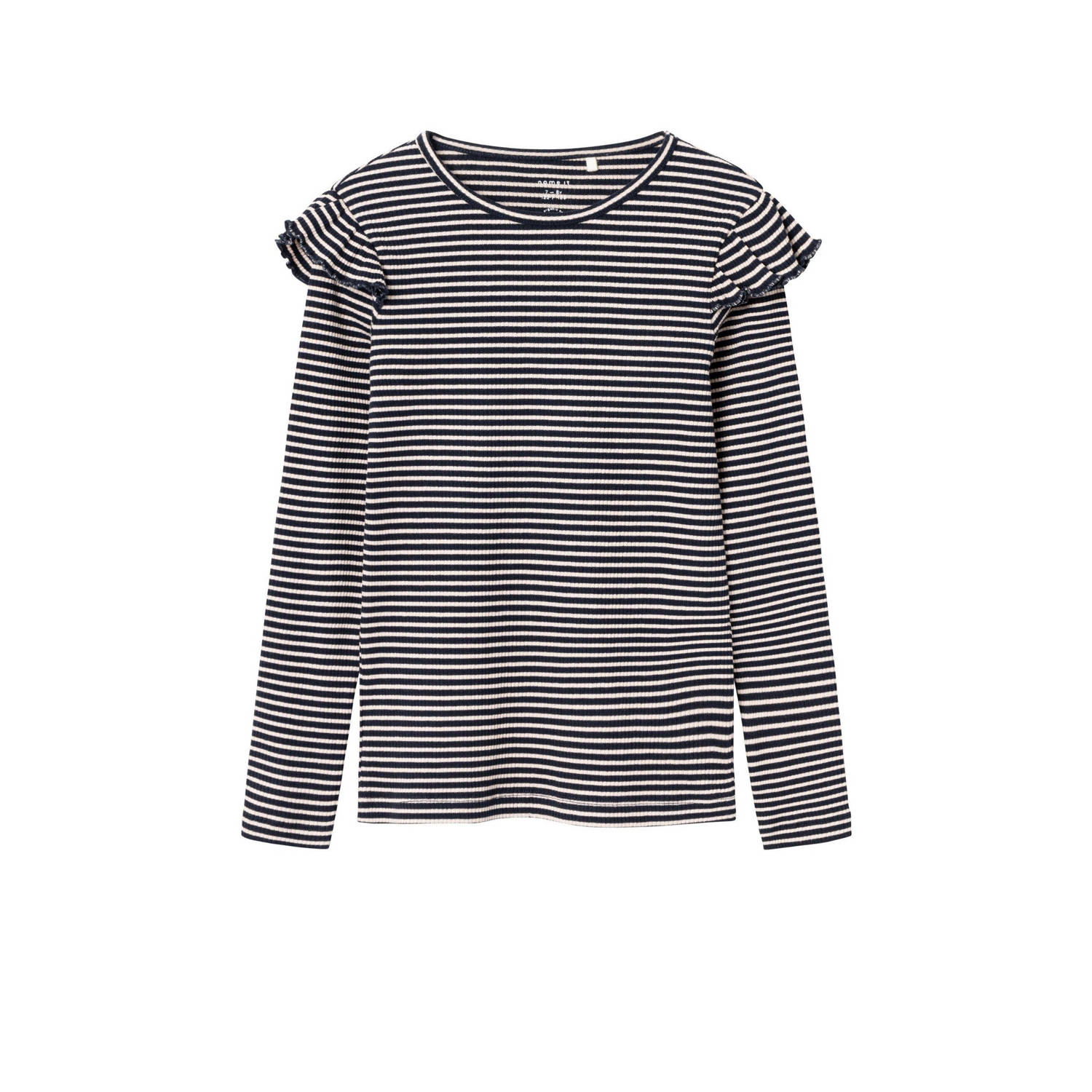 Name it KIDS gestreepte fijngebreide trui NKFTESILLA LS SLIM TOP donkerblauw wit Meisjes Stretchkatoen Ronde hals 122 128