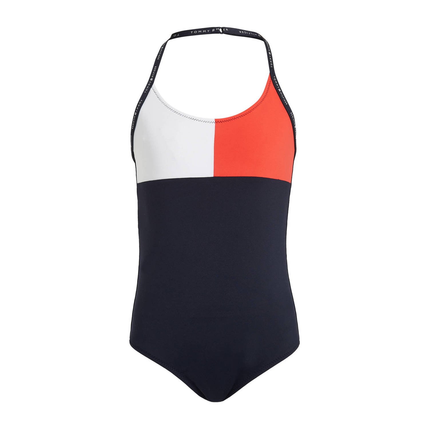 Tommy Hilfiger halter badpak donkerblauw wit rood Meisjes Gerecycled polyamide 140 152