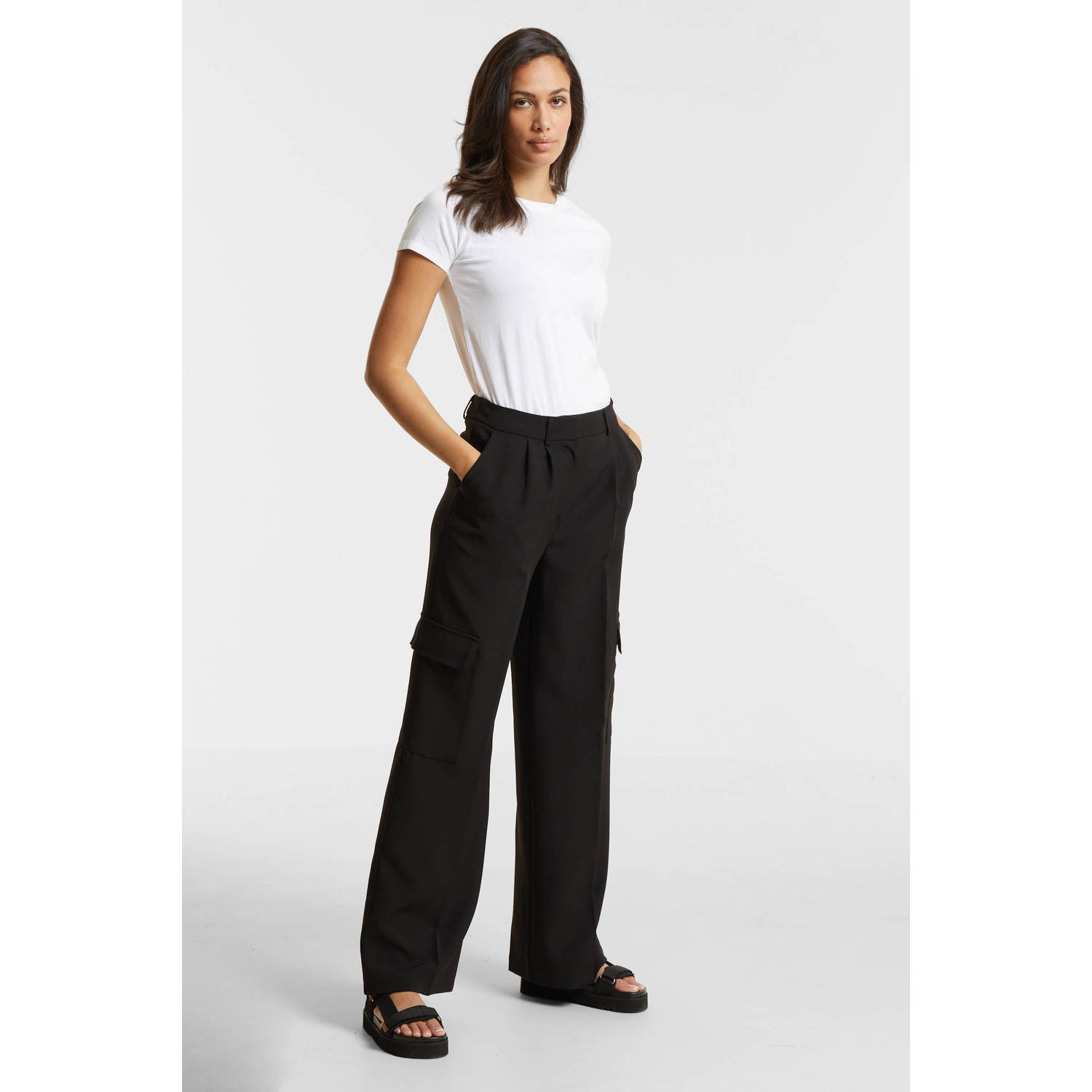 anytime tailored cargo wide leg broek zwart