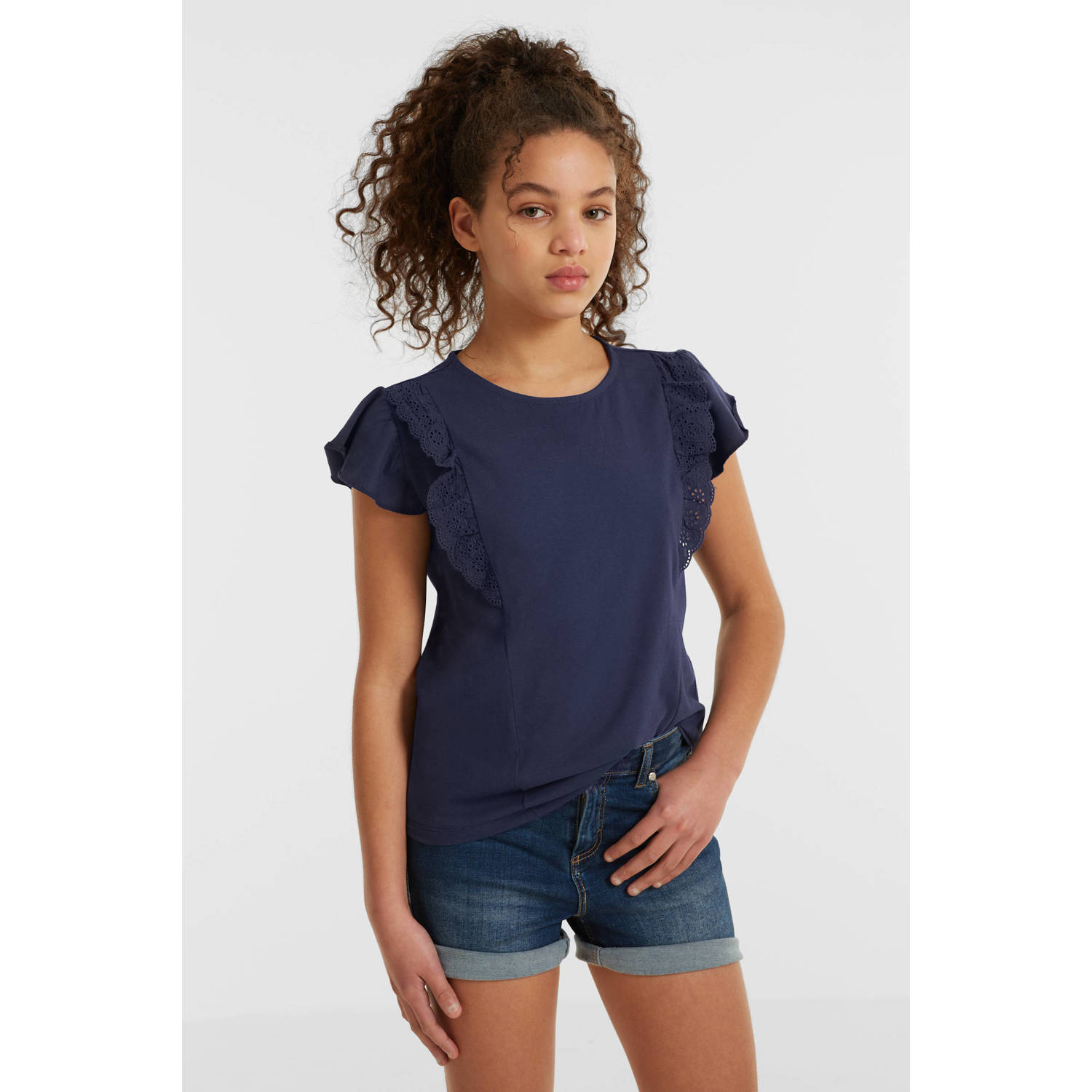 Anytime T-shirt met broderie donkerblauw Top Meisjes Katoen Ronde hals 122 128