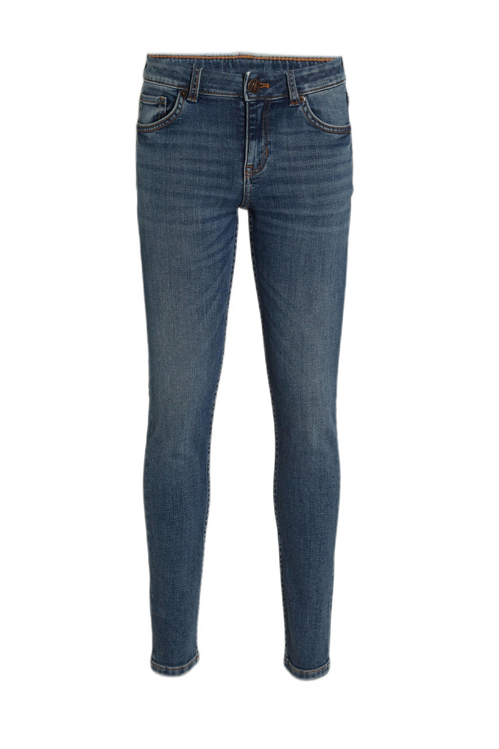 Donkerblauwe jongens anytime skinny jeans van denim met rits- en knoopsluiting en effen