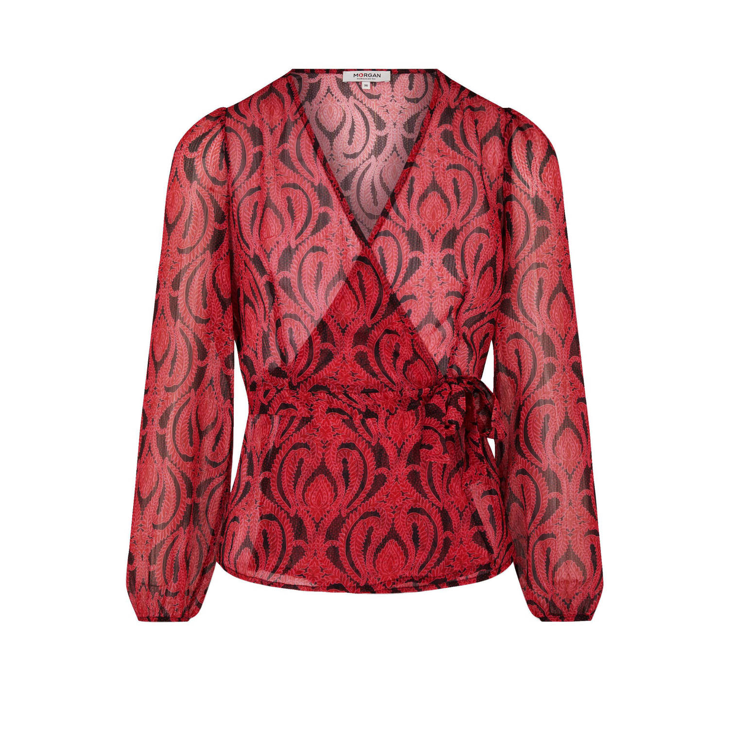 Morgan semi-transparante overslag top met all over print rood zwart