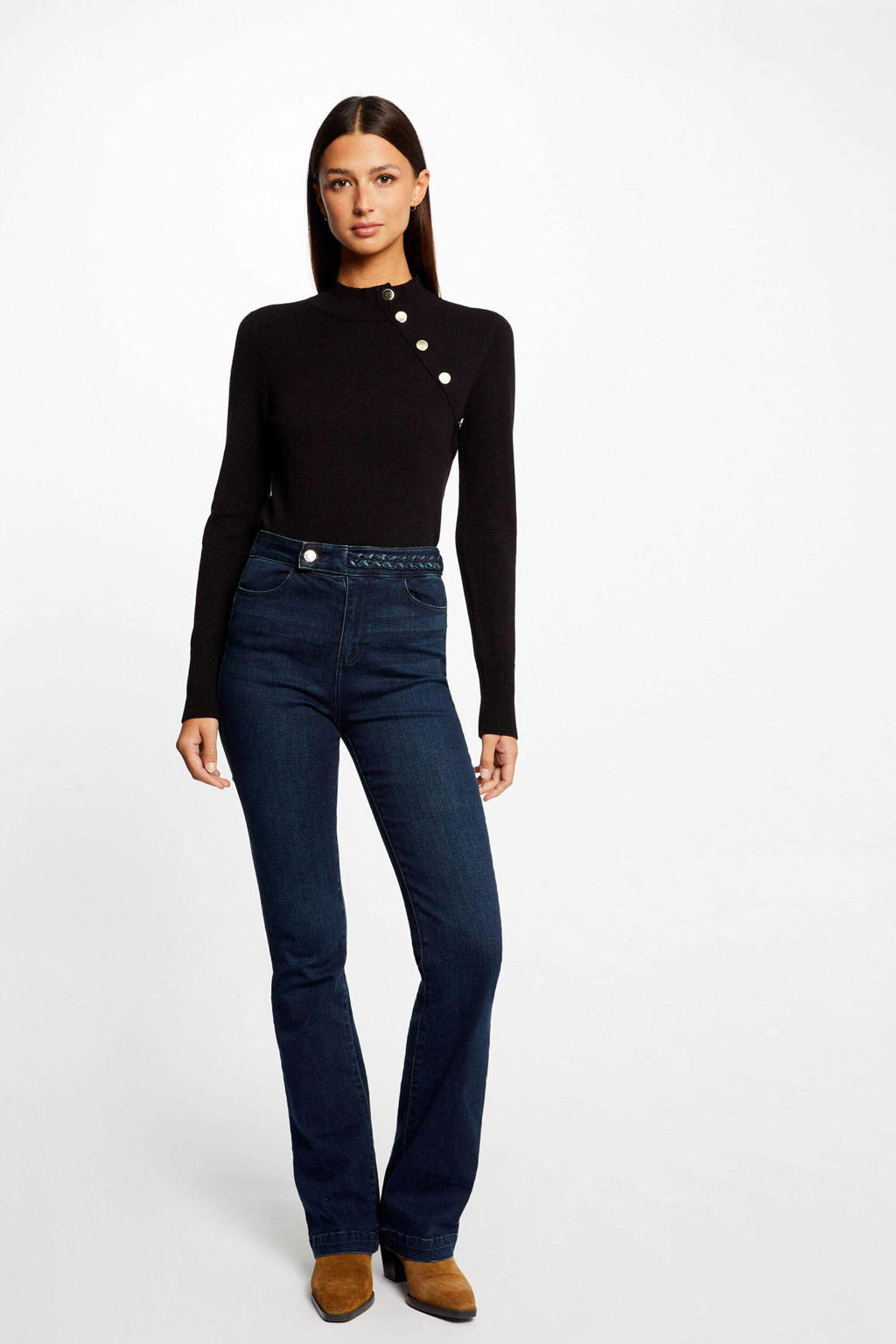 Zwarte dames Morgan top van viscose met effen en lange mouwen
