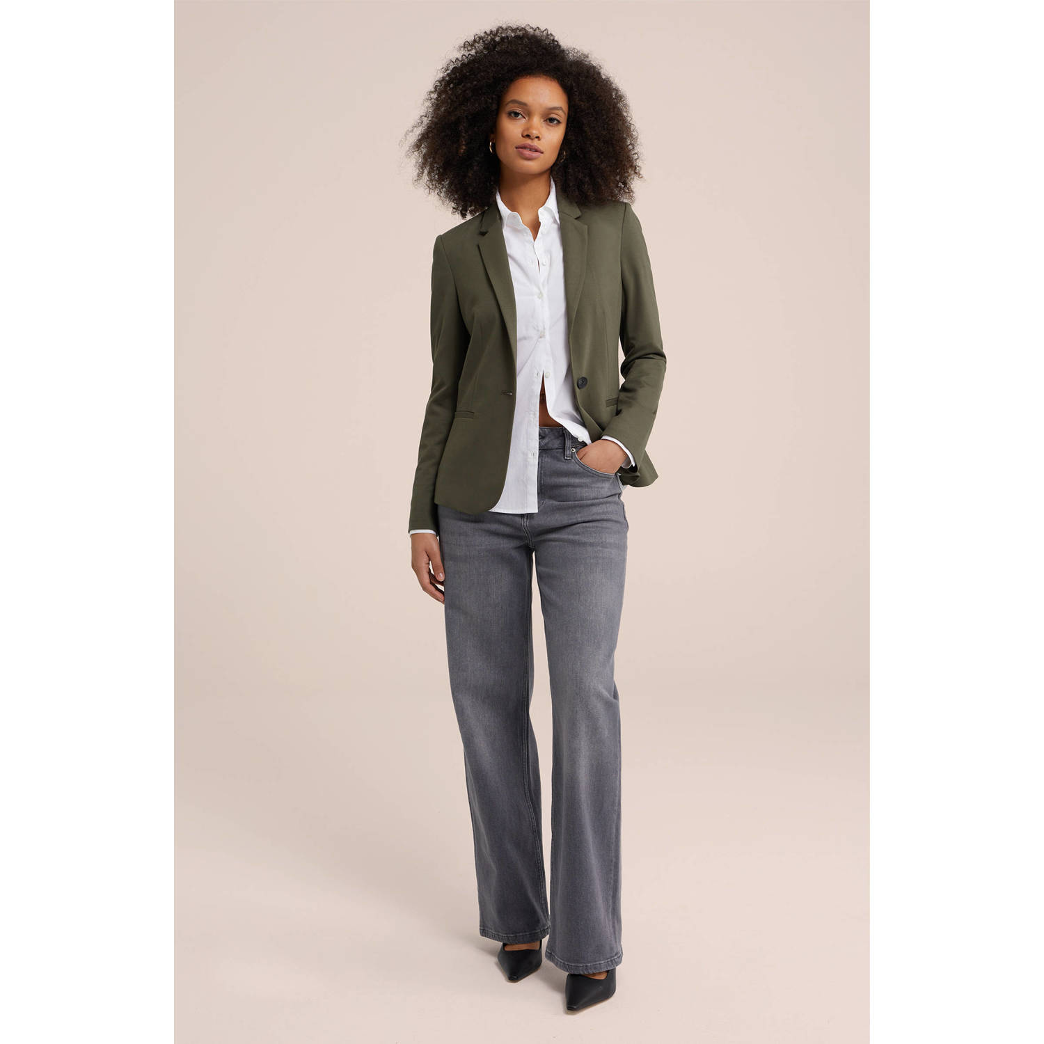 WE Fashion jersey getailleerde blazer Liz donkergroen