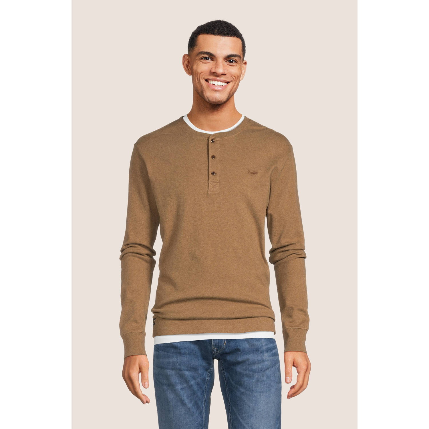 Superdry regular fit longsleeve Vintage logo met logo buck tan marl