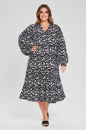 midi jurk met volants wit/zwart