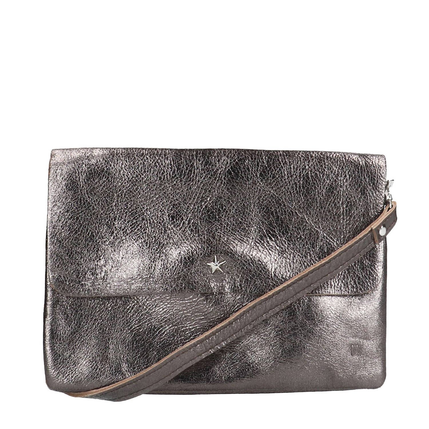 Manfield leren metallic crossbody tas grijs