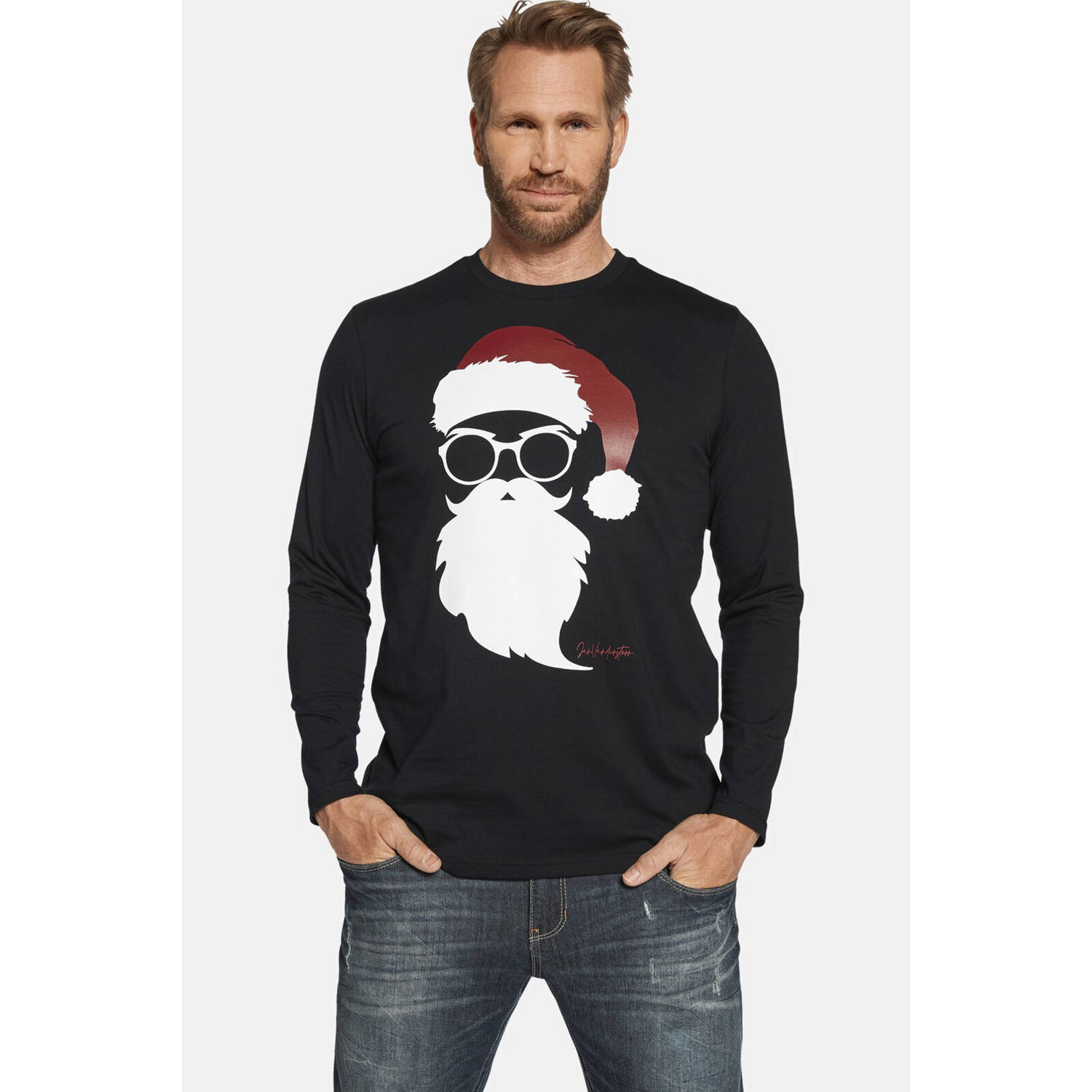Jan Vanderstorm regular fit longsleeve REEVERT Plus Size met printopdruk zwart