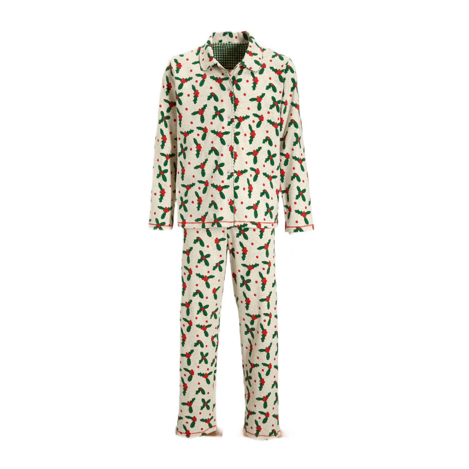 Claesen's pyjama met bladprint ecru groen rood Meisjes Katoen Klassieke kraag 116-122