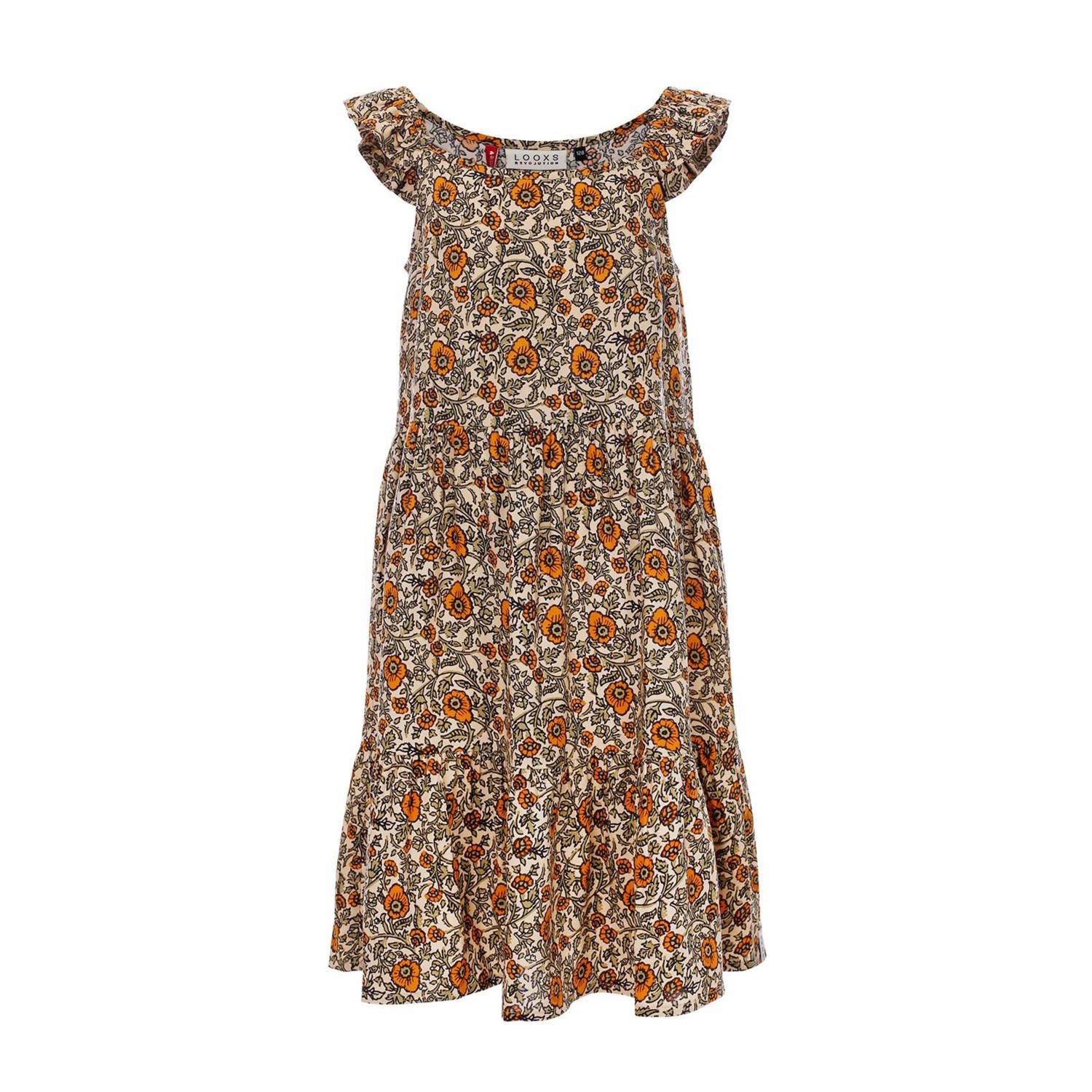 LOOXS little gebloemde jurk bruin oranje Meisjes Viscose Vierkante hals 104