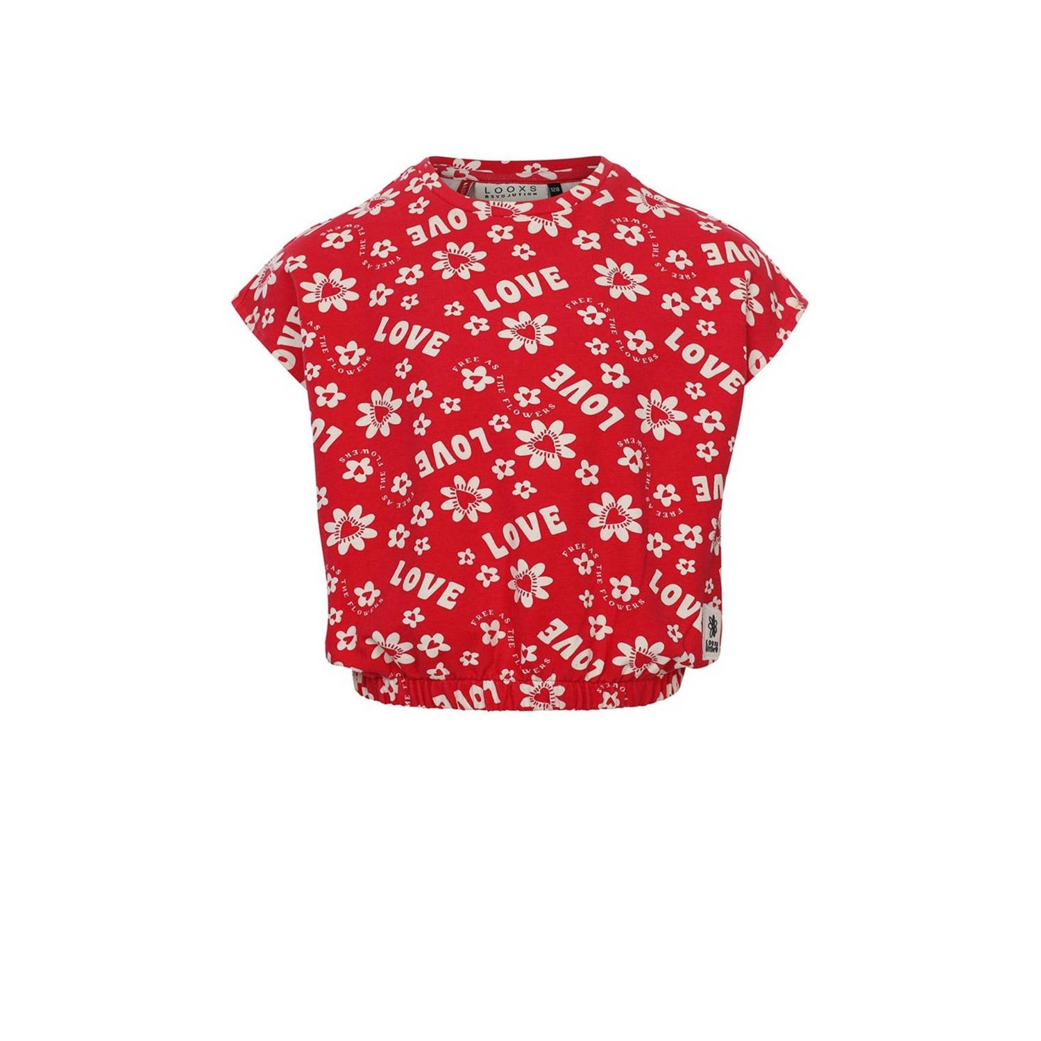 LOOXS little top met tekst rood wit Meisjes Stretchkatoen Ronde hals Tekst 122