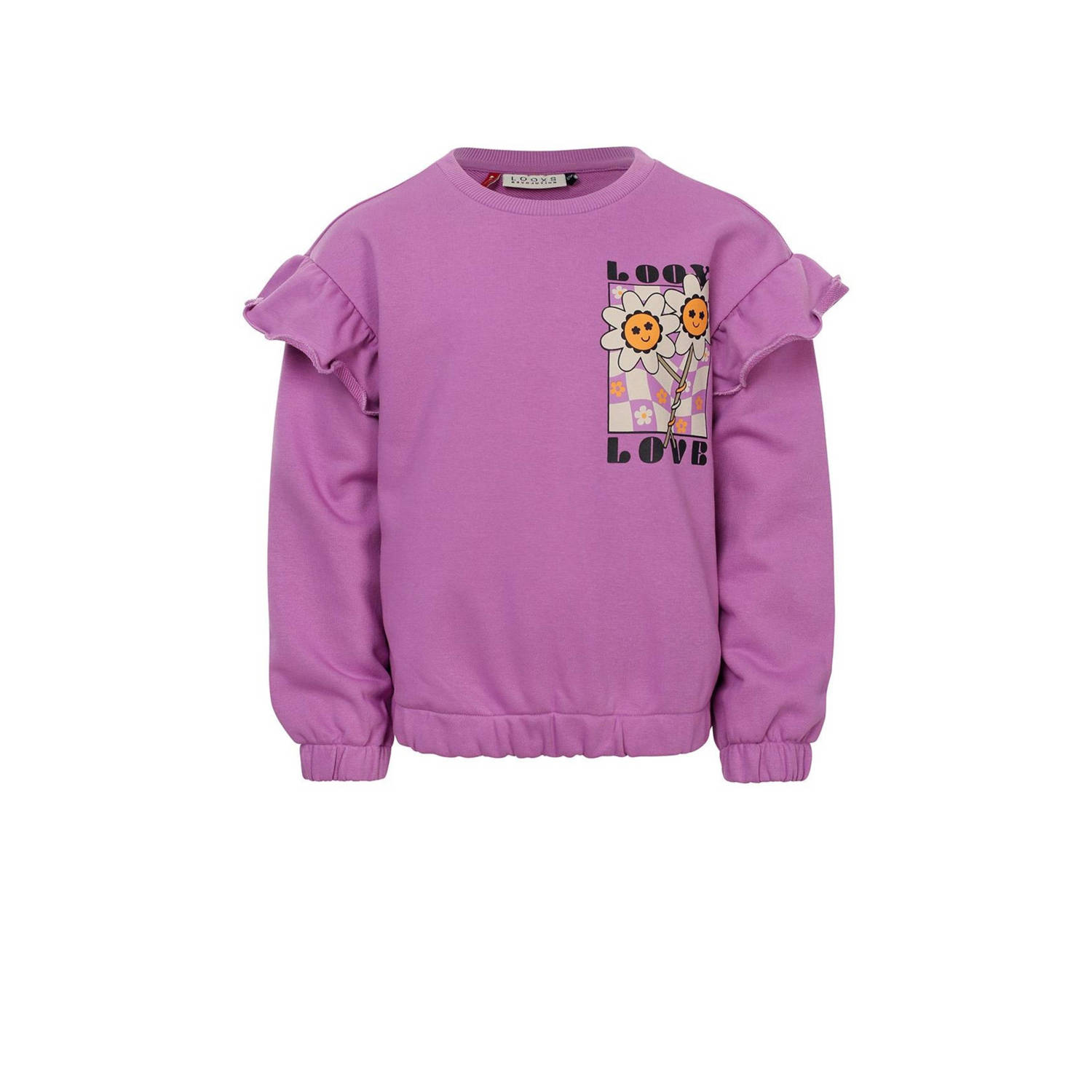 LOOXS little sweater met printopdruk en ruches paars Printopdruk 104