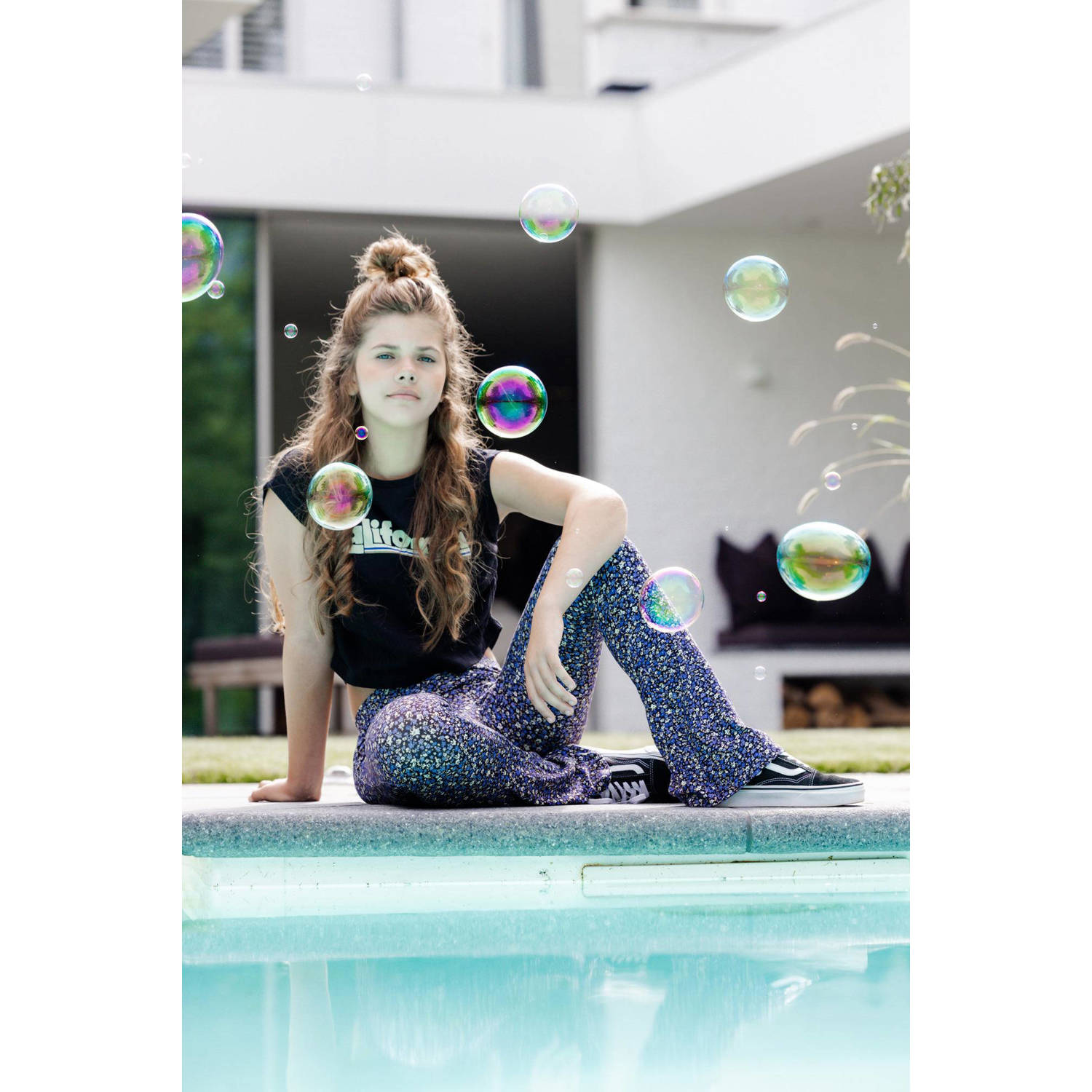 LOOXS 10sixteen gebloemde flared broek donkerblauw blauw ecru