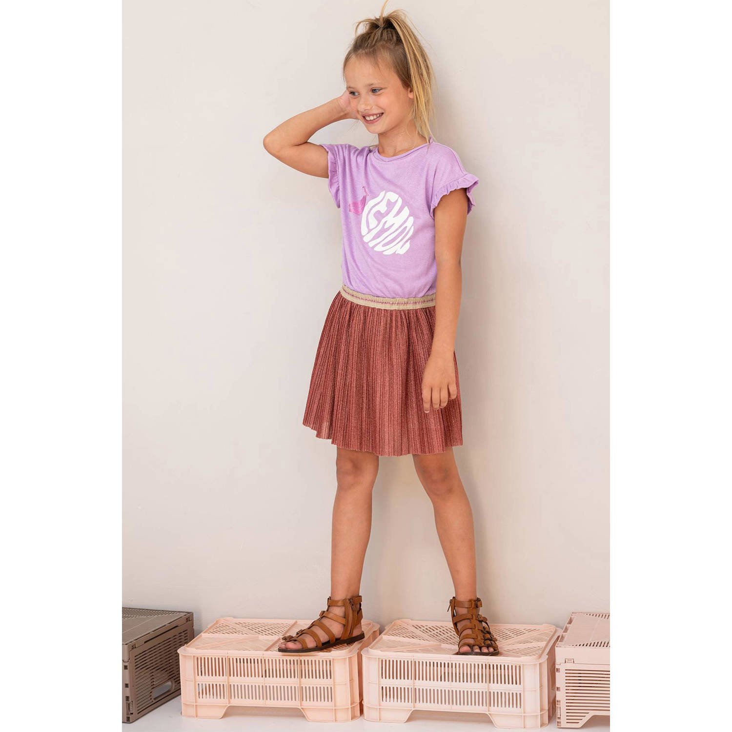 Like Flo jurk met printopdruk en ruches lila bruin Paars Meisjes Viscose Ronde hals 152