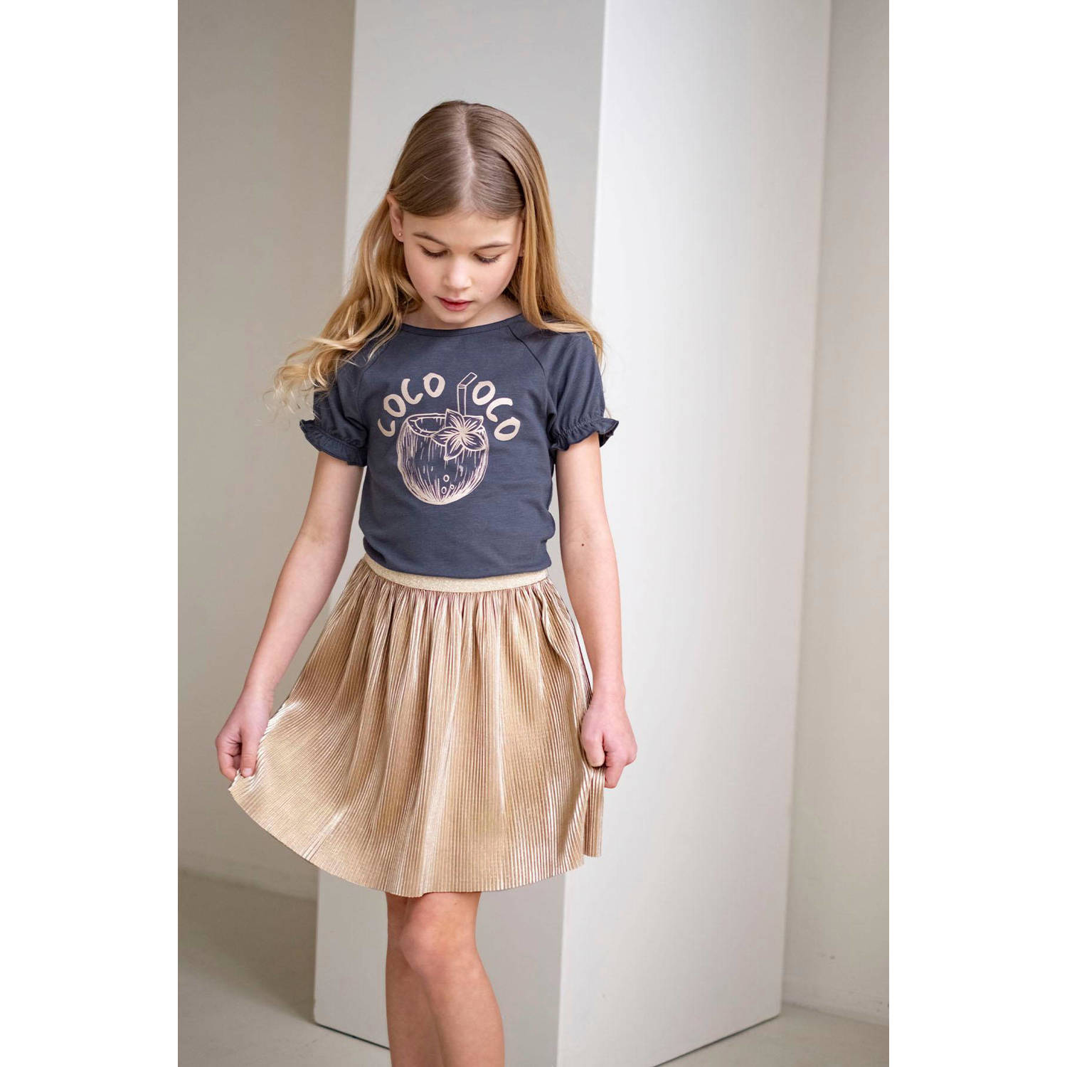 Like Flo jurk met ruches goud donkerblauw
