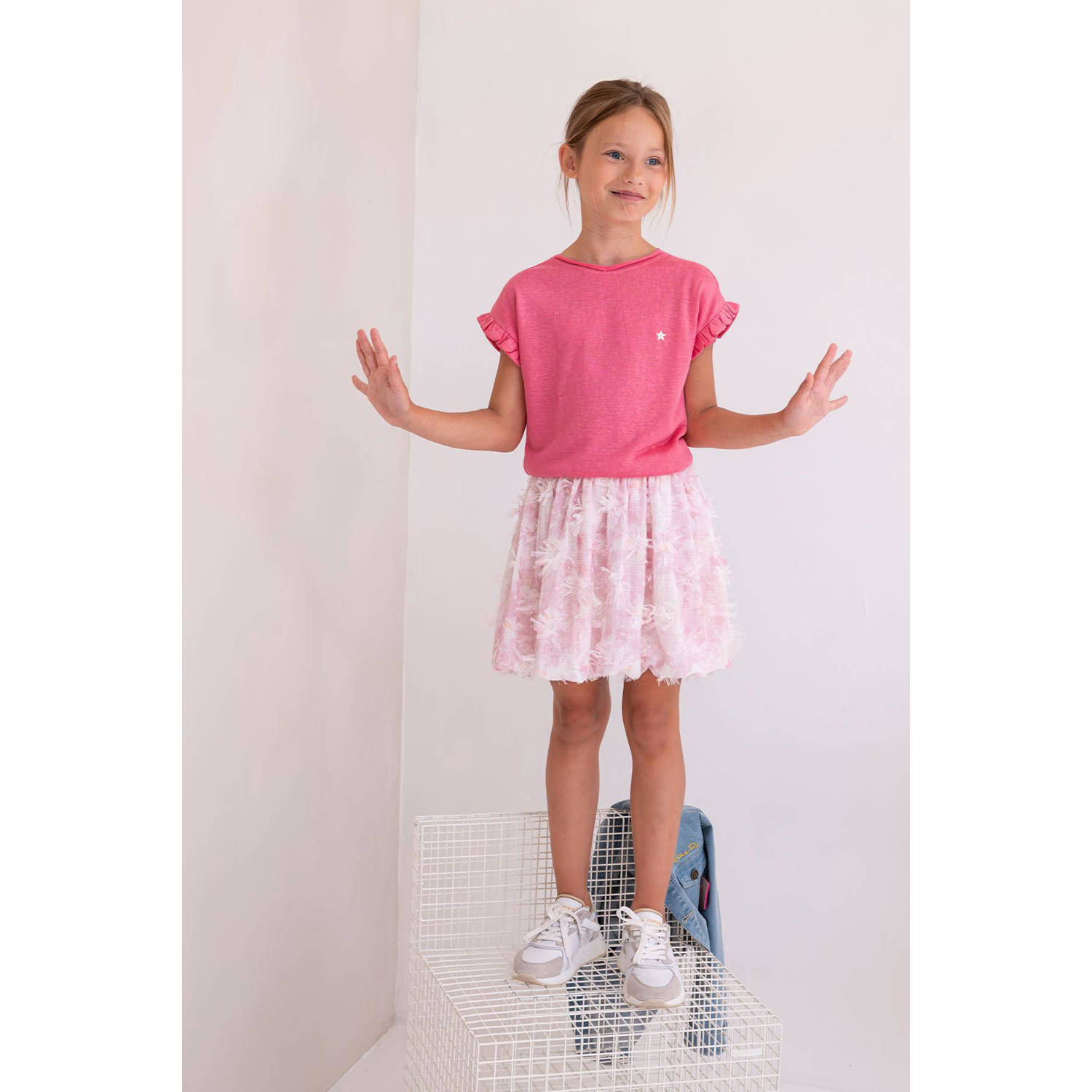 Like Flo rok met all over print en franjes lichtroze wit Meisjes Polyester 116