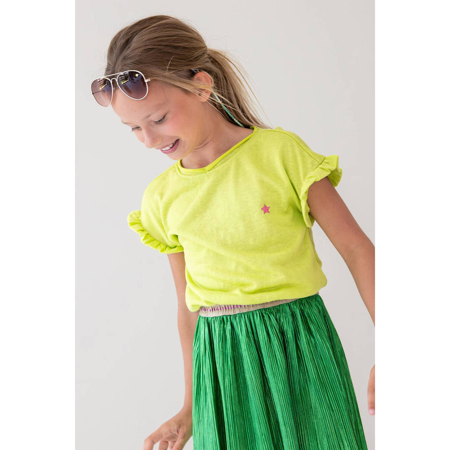 Like Flo metallic T-shirt lichtgroen metallic Meisjes Viscose Ronde hals 134