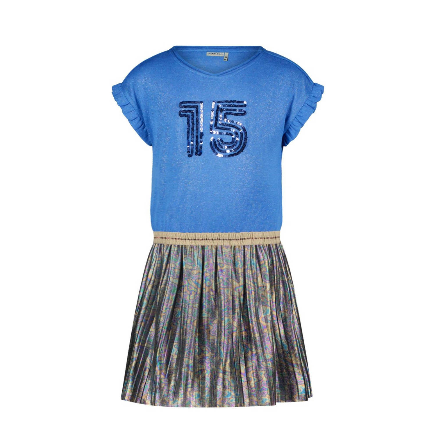 Like Flo jurk met ruches blauw multicolor Meisjes Viscose Ronde hals Meerkleurig 116