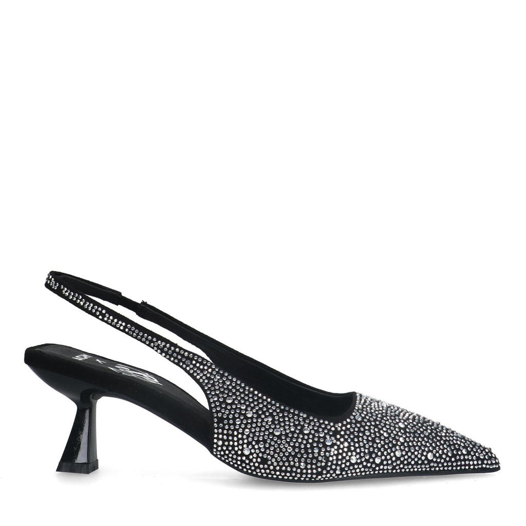 Zwart en zilverkleurige dames Sacha x Tessa van Montfoort slingback pumps met strass met kitten heel