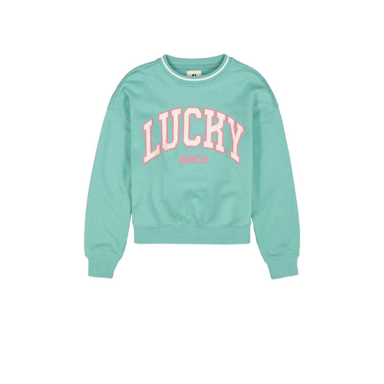 Garcia sweater met tekst mintgroen roze