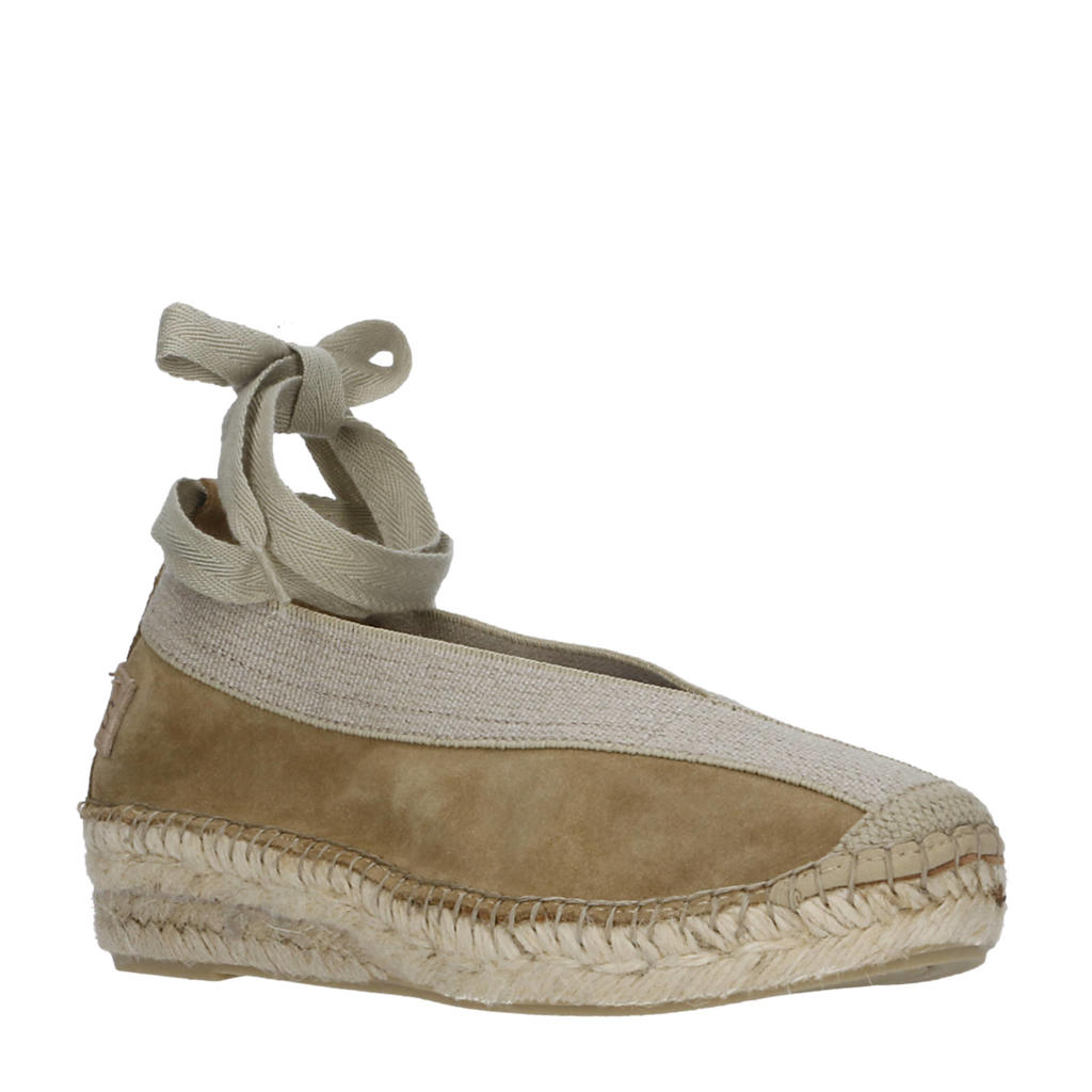 Zandkleurige dames Shabbies Amsterdam Palma Kimono suède espadrilles donker met striksluiting en effen