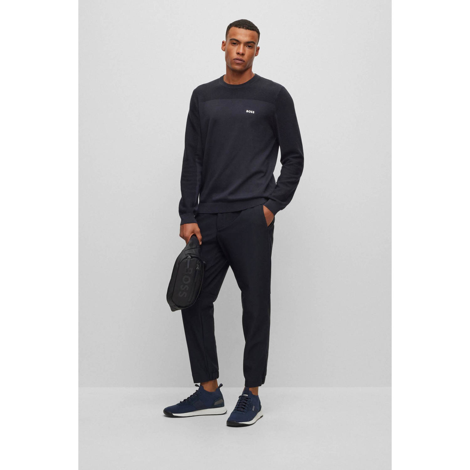 BOSS fijngebreide trui Momentum-X met wol en logo dark blue