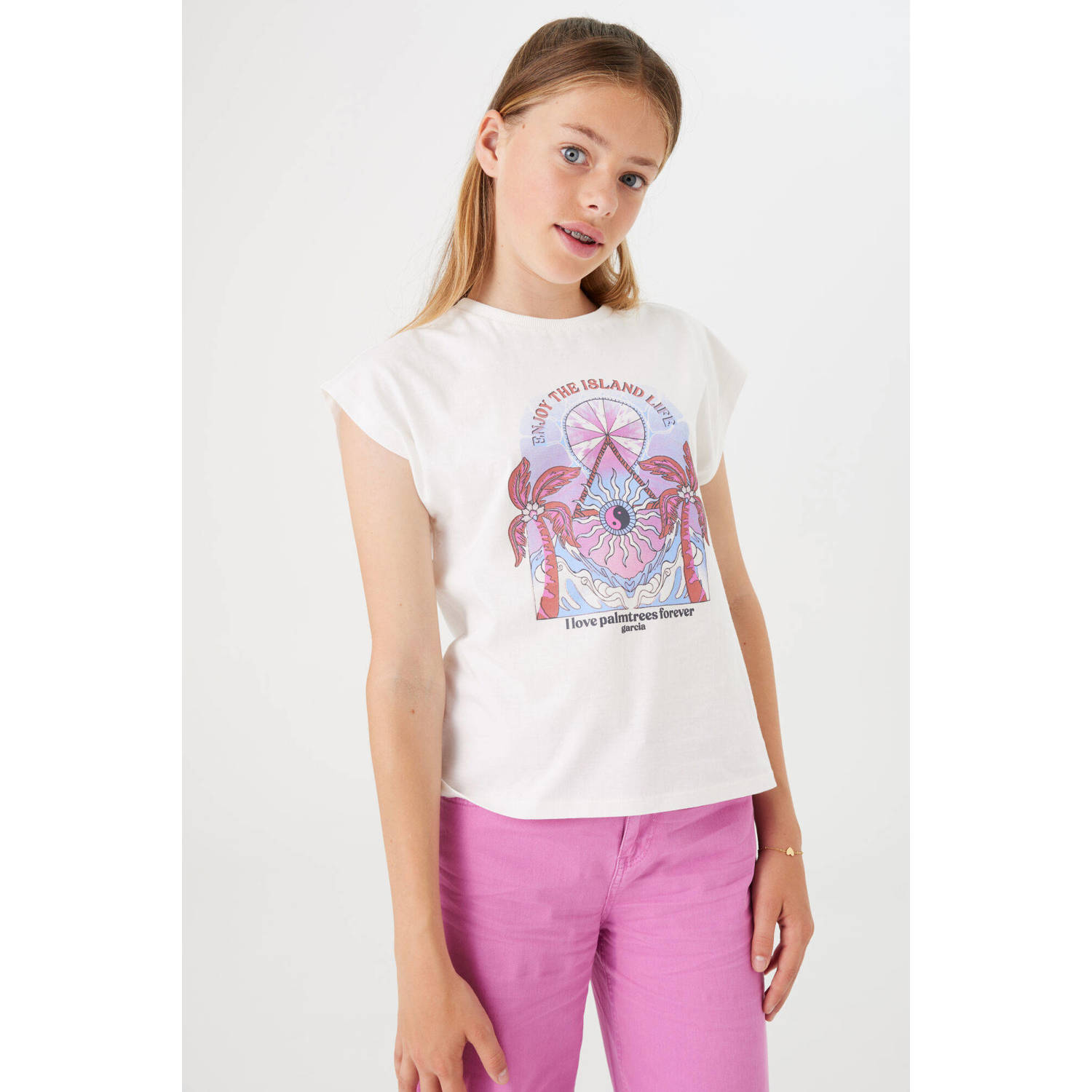 Garcia T-shirt met printopdruk wit roze lila