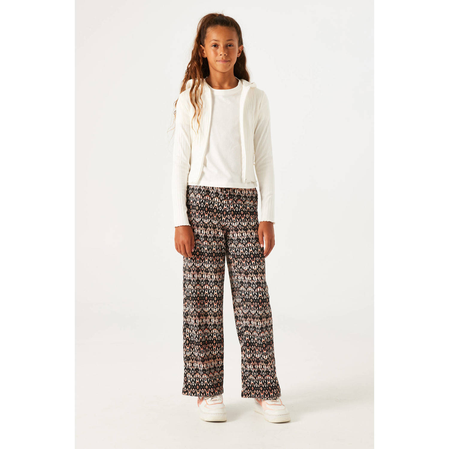 Garcia high waist loose fit broek van polyester zwart ecru oranje All over print 128