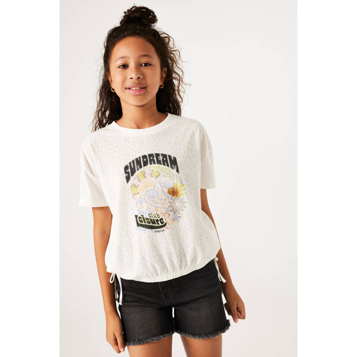 Garcia T-shirt van polyester ecru zwart geel Printopdruk 140 146