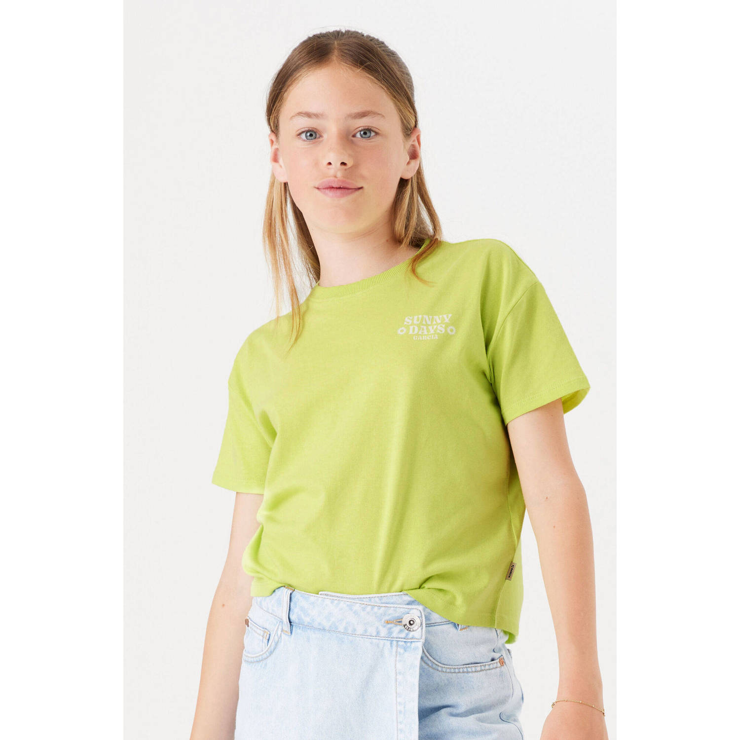 Garcia T-shirt met tekst lime Geel Meisjes Katoen Ronde hals Tekst 128 134